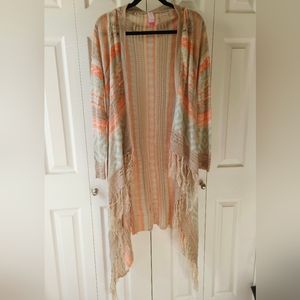 Bohemian Tassled Duster Cardigan, No Boundaries, Orange and Mint, Small (3-5)